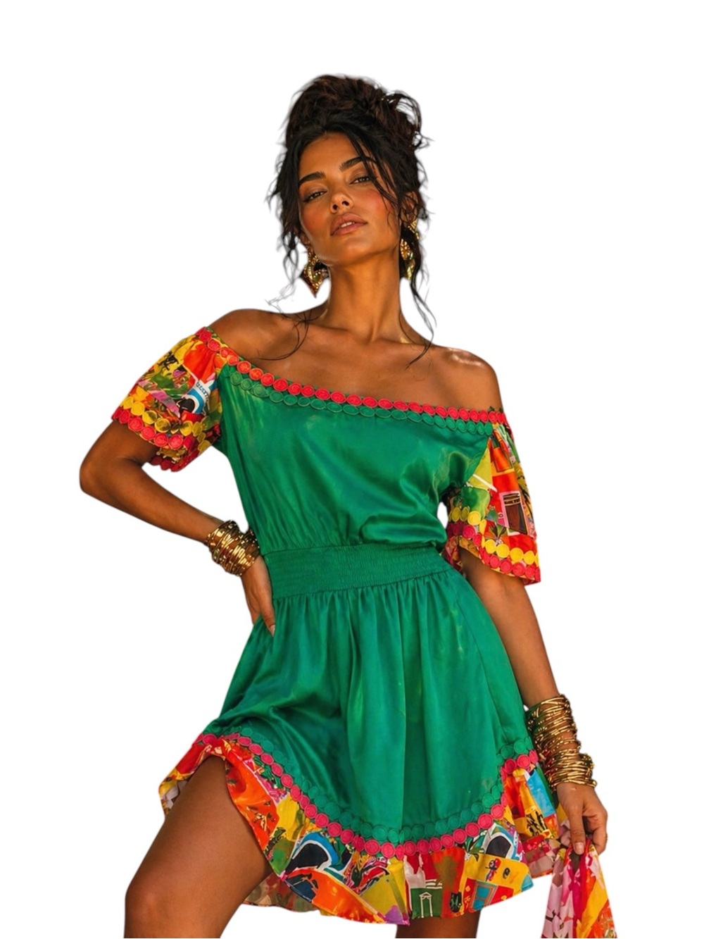 Alden Adair Jade Dress Boho Tropical Off Shoulder Casablanca Print Colorful